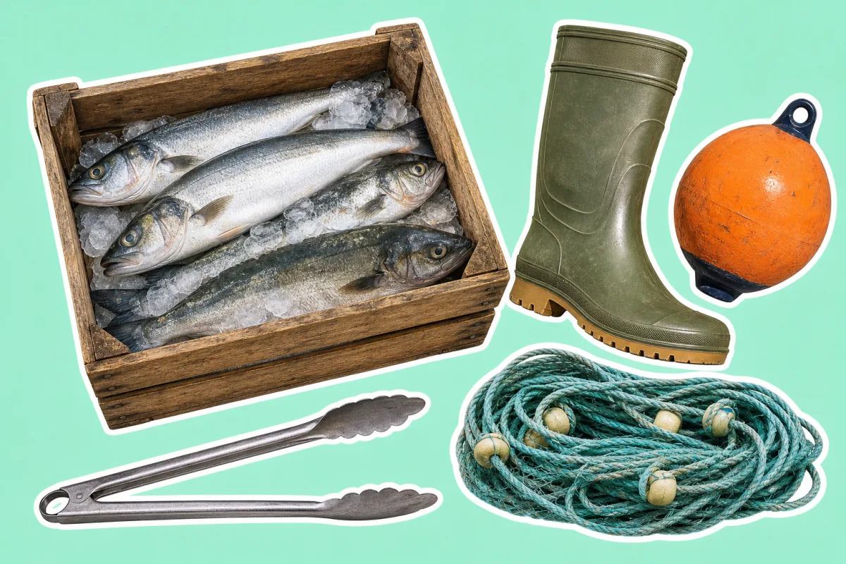 Ящик для рыбы, резиновый сапог и буй
